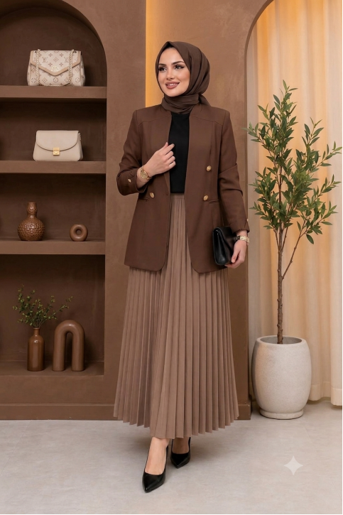Kadın Tesettür Blazer Ceket Açık Mavi Açık Mavi Kadın Tesettür Blazer Ceket Gold Düğmeli