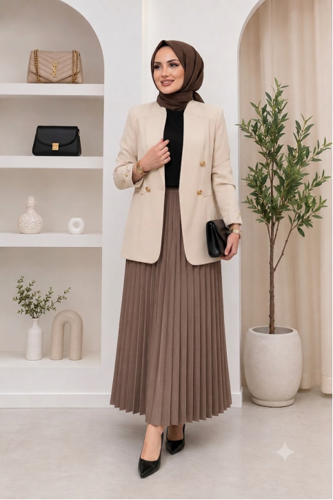 Kadın Tesettür Blazer Ceket Açık Mavi Açık Mavi Kadın Tesettür Blazer Ceket Gold Düğmeli