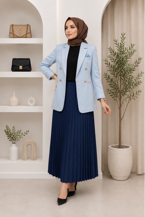 Kadın Tesettür Blazer Ceket Açık Mavi Açık Mavi Kadın Tesettür Blazer Ceket Gold Düğmeli